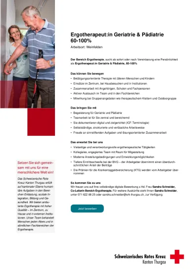 Stelleninserat Ergotherapeutin Geriatrie und Paediatrie 60-100